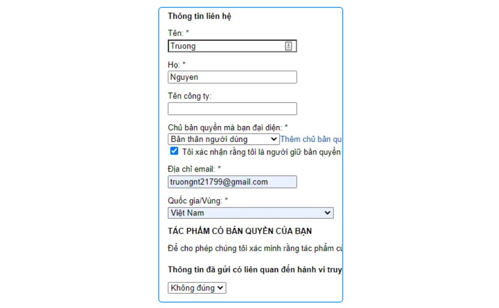 Điền đầy đủ thông tin liên hệ