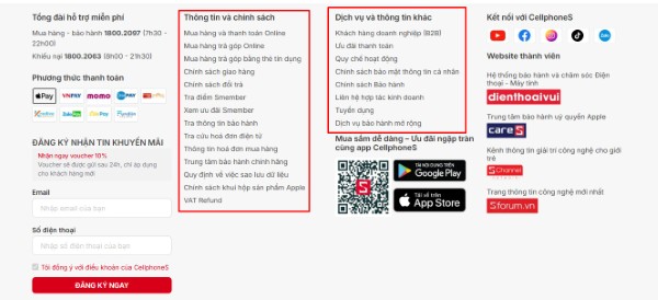 Footer với các liên kết chính sách