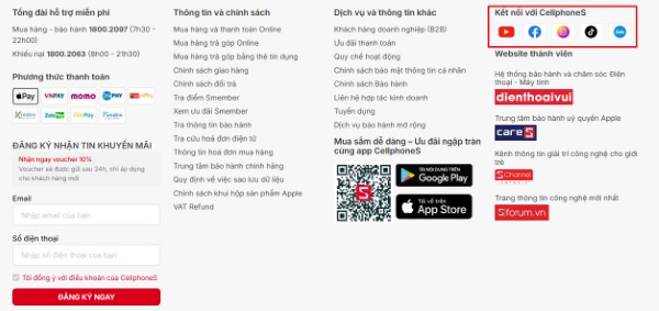 Footer có chèn liên kết mạng xã hội