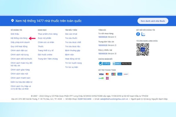Footer có phần hiển thị hệ thống cửa hàng