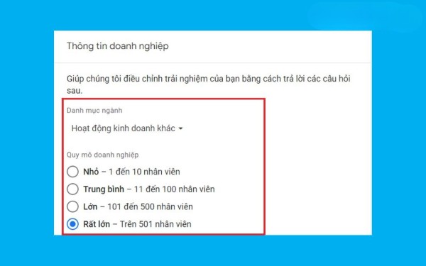 Click chọn danh mục ngành kinh doanh và quy mô doanh nghiệp của bạn