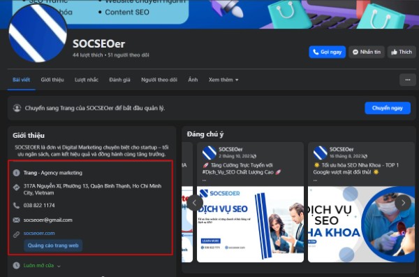 SEO Facebook – Cập nhật thông tin liên hệ đầy đủ, rõ ràng