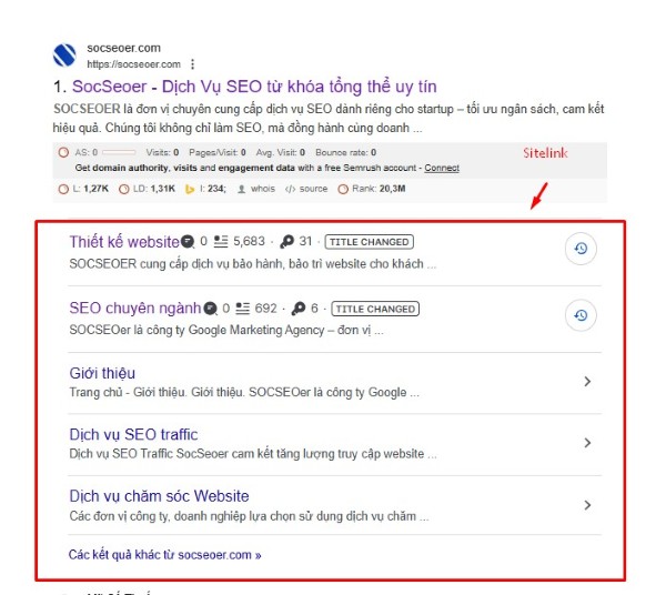 Khi tìm kiếm SOCSEOER trên Google, người dùng sẽ nhận được 5 sitelink dẫn đến những phần quan trọng