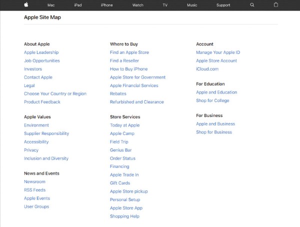 Ví dụ: HTML Sitemap của Website Apple