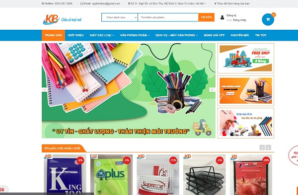Giao diện trang chủ website văn phòng phẩm ấn tượng