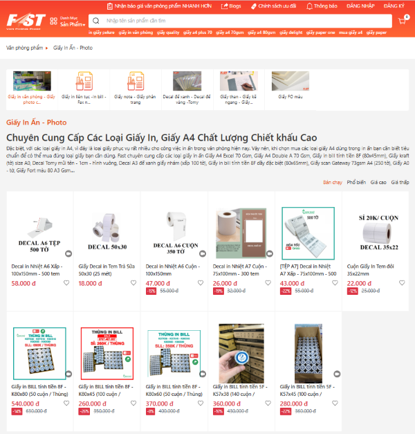 Danh mục sản phẩm của website văn phòng phẩm rõ ràng, dễ tìm