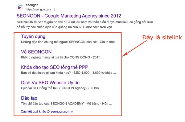 Hiển thị các liên kết phụ ngay dưới kết quả tìm kiếm
