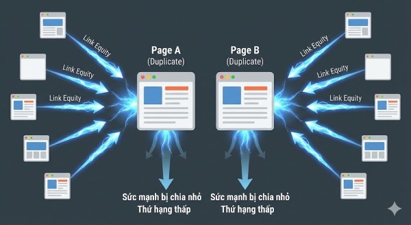 Duplicate content là gì? Cách xử lý nội dung trùng lặp để tránh Google phạt Duplicate content làm chia nhỏ sức mạnh SEO (link equity)