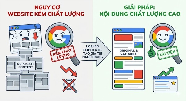 Duplicate content là gì? Cách xử lý nội dung trùng lặp để tránh Google phạt Quá nhiều duplicate content có thể khiến website bị google đánh giá kém chất lượng
