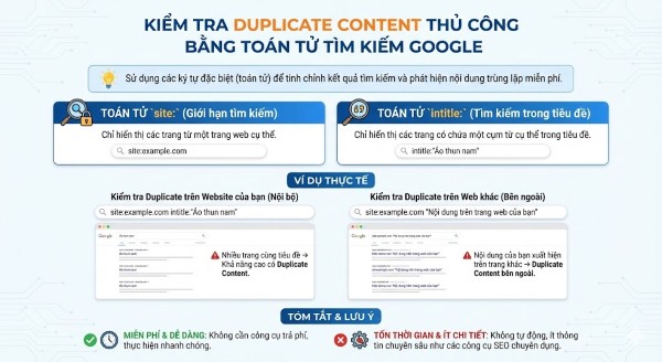 Duplicate content là gì? Cách xử lý nội dung trùng lặp để tránh Google phạt Kiểm tra duplicate content bằng cách sử dụng toán tử tìm kiếm Google