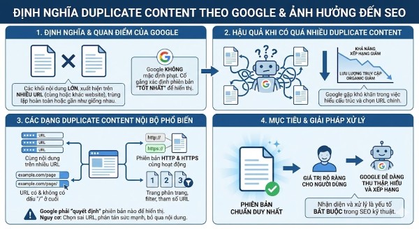 Duplicate content là gì? Cách xử lý nội dung trùng lặp để tránh Google phạt Duplicate content là các khối nội dung xuất hiện trong cùng một website hoặc trên nhiều website