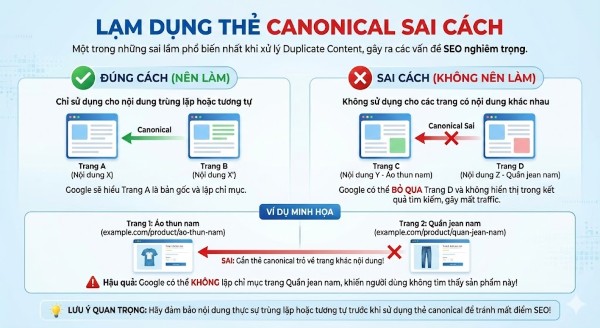 Duplicate content là gì? Cách xử lý nội dung trùng lặp để tránh Google phạt Lạm dụng thẻ canonical sai cách là một phổ biến khi xử lý duplicate content