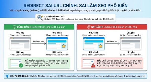 Duplicate content là gì? Cách xử lý nội dung trùng lặp để tránh Google phạt Redirect sai URL chính một sai lầm thường gặp khi xử lý duplicate content