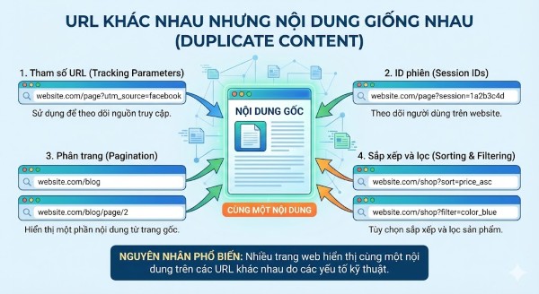 Duplicate content là gì? Cách xử lý nội dung trùng lặp để tránh Google phạt URL này khác nhau nhưng nội dung giống nhau là nguyên nhân phổ biến nhất gây ra duplicate content