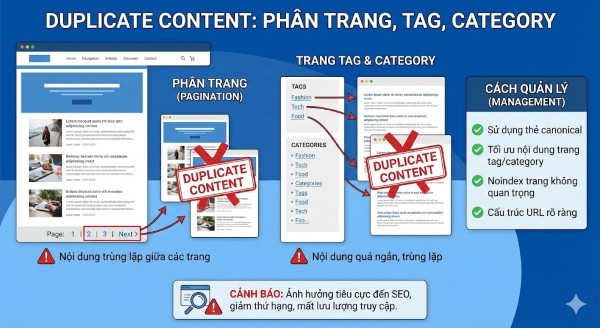 Duplicate content là gì? Cách xử lý nội dung trùng lặp để tránh Google phạt Trang phân trang, tag, category trùng lặp là một trong các nguyên nhân của duplicate content