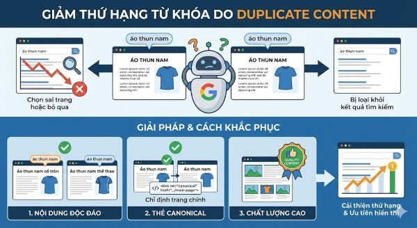Duplicate content là gì? Cách xử lý nội dung trùng lặp để tránh Google phạt Duplicate content có thể làm giảm thứ hạng từ khóa