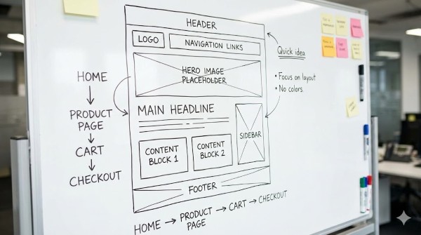 Low-fidelity wireframe dùng để phác thảo nhanh cấu trúc tổng thể của giao diện