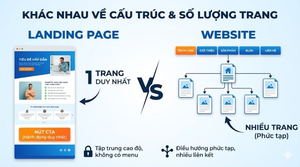 Phân biệt landing page và website về cấu trúc và số lượng trang