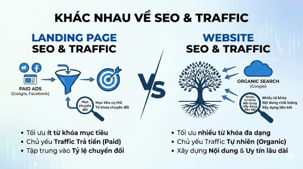 Phân biệt landing page và website qua sự khác nhau về SEO và traffic