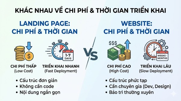 Landing page có chi phí thấp hơn và thời gian triển khai nhanh hơn so với website